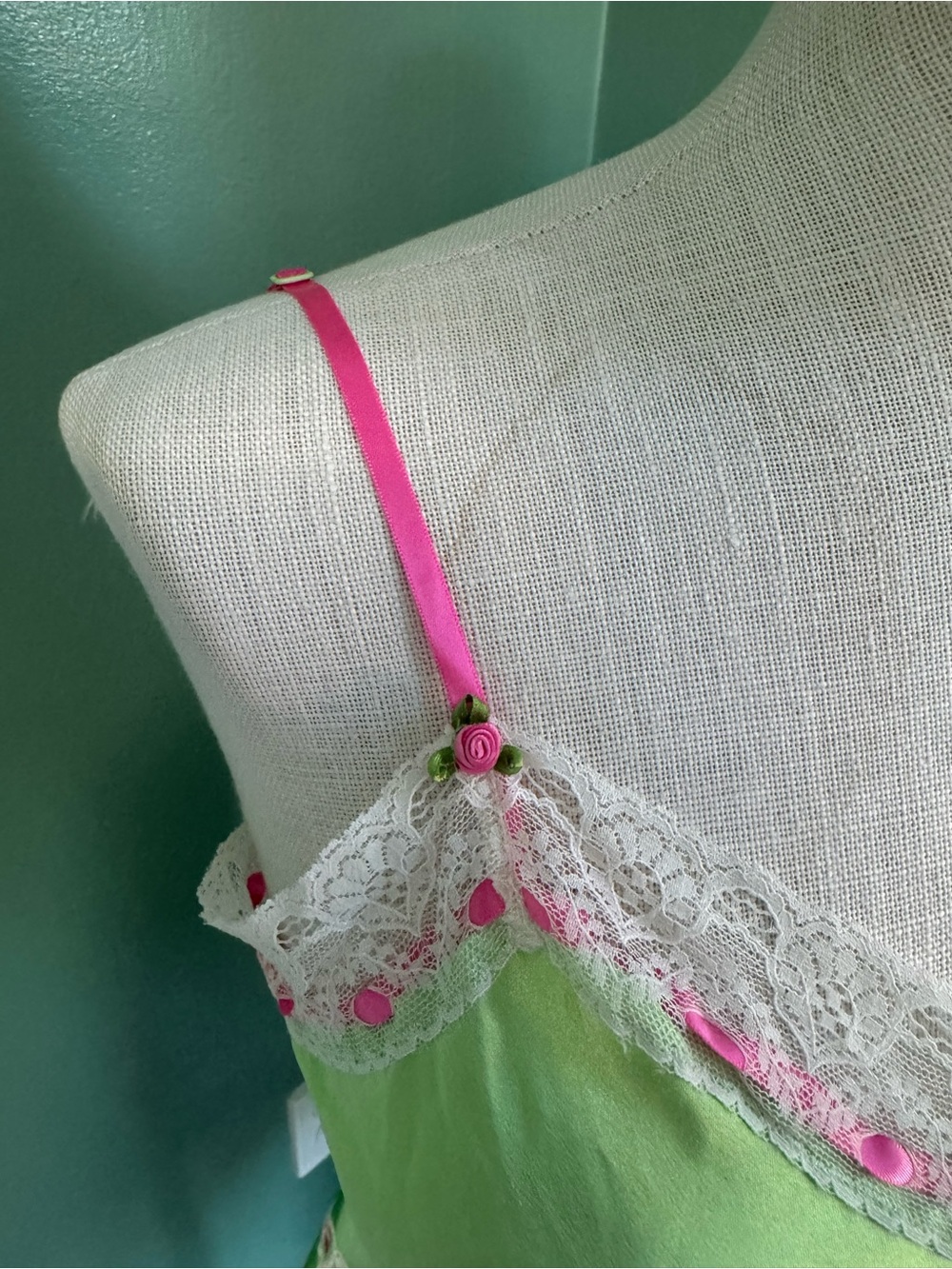 Betsey Johnson Silk-Feel Lime Green Lace Trim Slip Dress - Women's Intimates - Picture 3 of 11